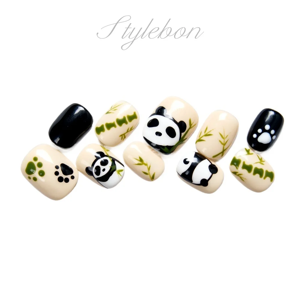 Chinese Panda Handmade Nails Short Round Acrylic Nail Press on Full Cover Fake Nails with Glue Decorated Nails Tips