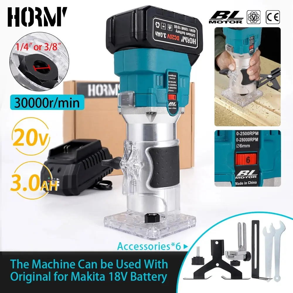 Hormy Brushless Electric Hand Trimmer 5Speeds Cordless Wood Router Woodworking Engraving Slotting for Makita 18V Lithium Battery