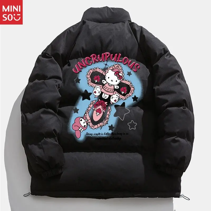 

Miniso Edgy Hello Kitty Cross Print Puffer Jacket for Men, Plush Fleece-Lined Winter Coat