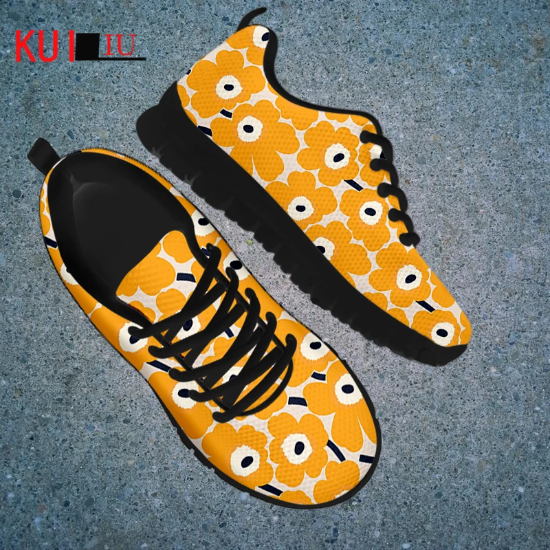 KUILIU Flora Yellow Pattern Women Flats Sneakers Poppy Brand Design Autumn Lace Up Shoes Breathable Female Walking Shoe Dropship