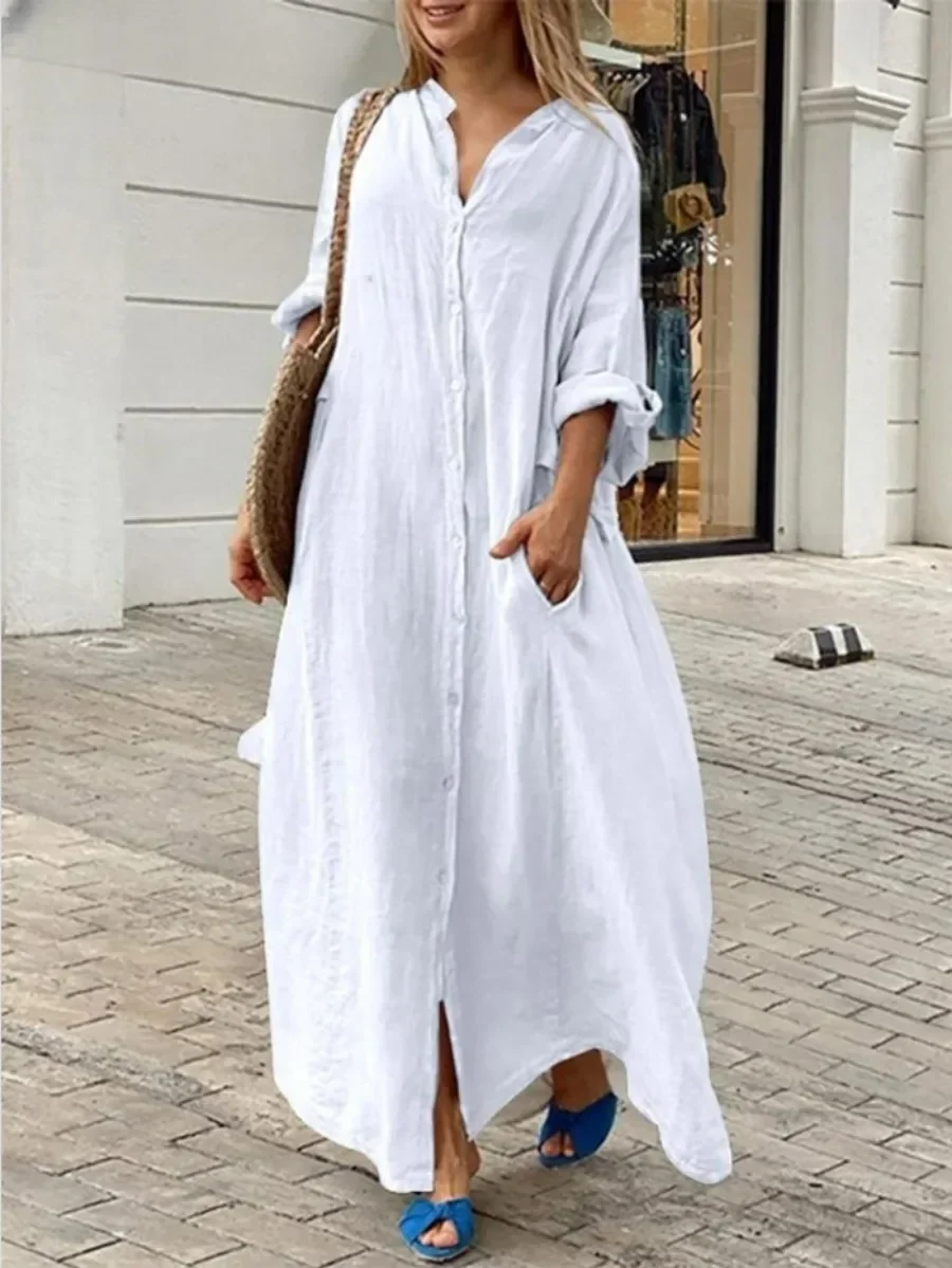 2024 Women‘s Autumn Cotton Linen Long Dress White Long Sleeve Oversize Shirt Dresses Female Casual Fashion Loose Clothing Ladies