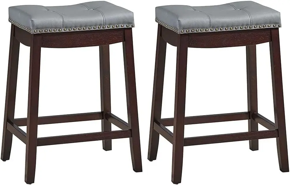 Bar Stools Set of 2-24 Inch Counter Stools, Solid Wood Legs Espresso with Gray PU Cushion for Kitchen Island - Coffee Leg