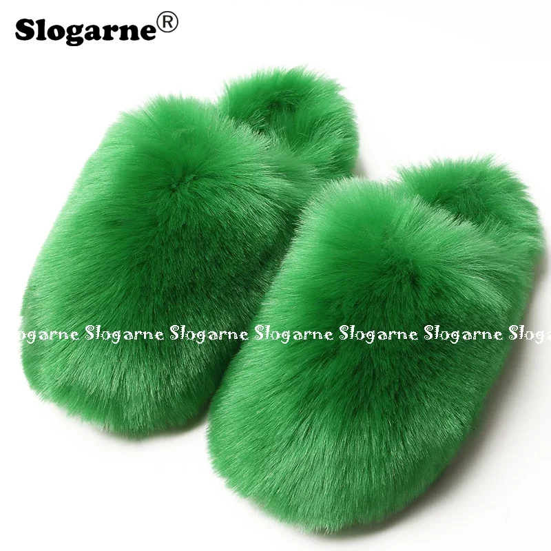 Ladies Winter Faux Raccoon Fur Slippers Women Warm Fur Slides Girls Luxury Furry Faux Fox Fur Slippers Home Outdoor Cotton Shoes