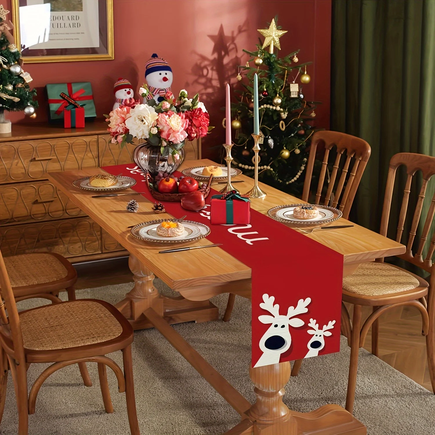 Christmas Table Runner - Rectangular Holiday Table Decoration, Festive Red with Merry Christmas Text