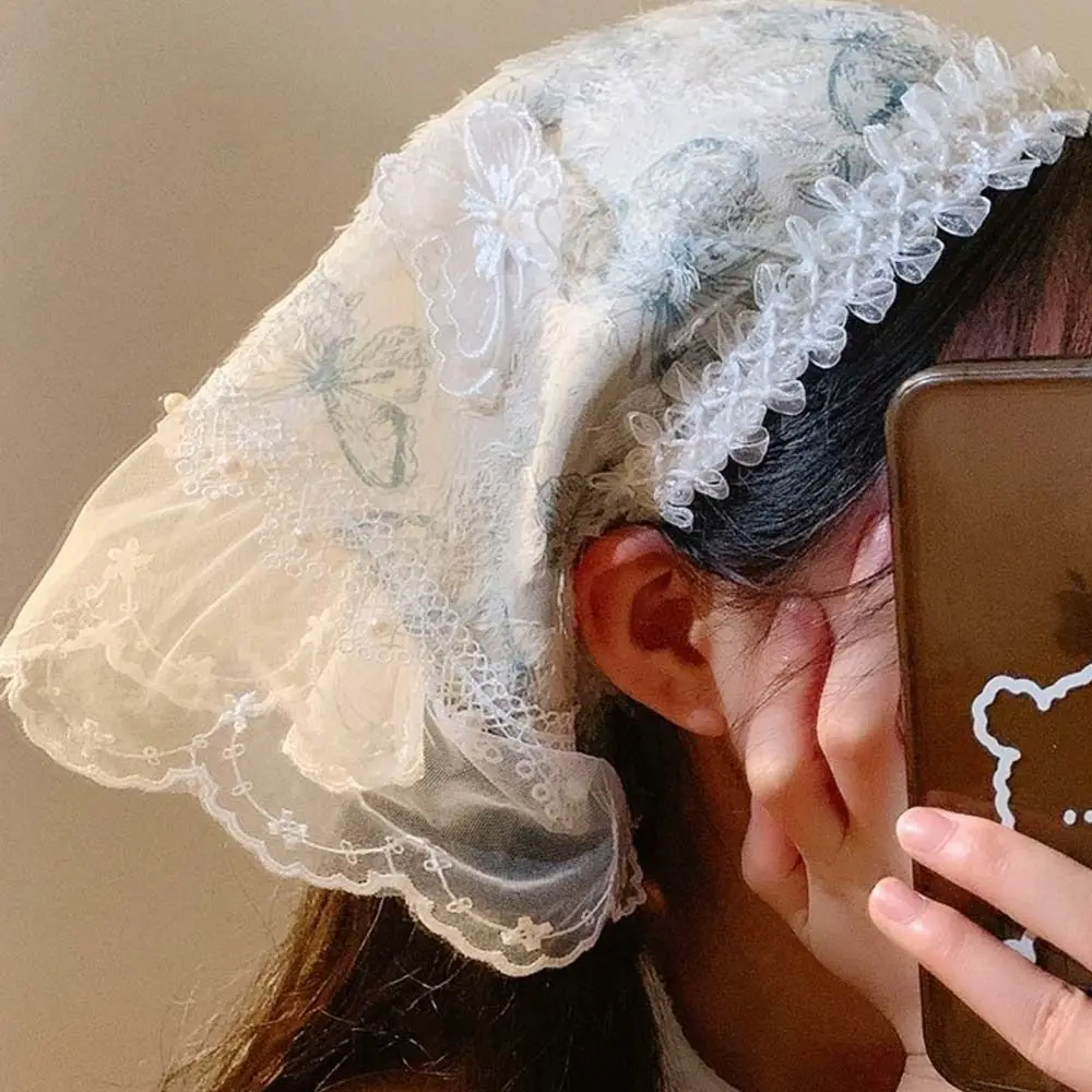 

Sweet White Lolita Headscarf 3D Butterfly Silk Triangle Hair Wrap Soft Breathable Floral Embroidery Lace Hair Band for Women