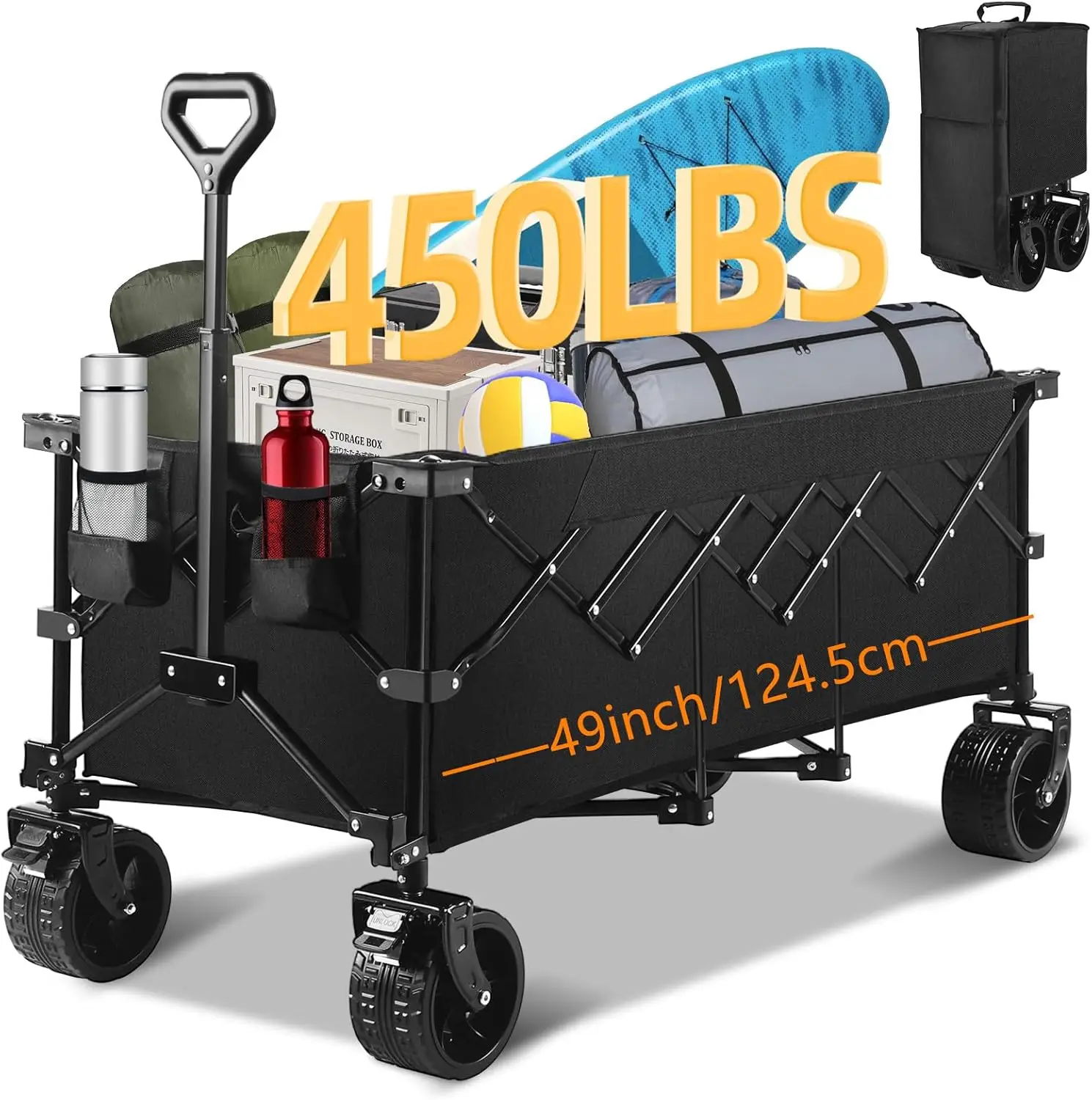 49''L Collapsible Foldable Extended Wagon with 450lbs Weight Capacity, Heavy Duty 300L Folding Utility Garden Cart