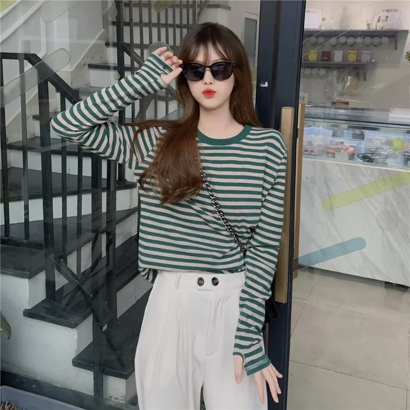 New Women Striped T-shirts Long Sleeve Spring Autumn Contrast Tops Women Loose Casual Bottoming Shirts New Classic O-neck Tees