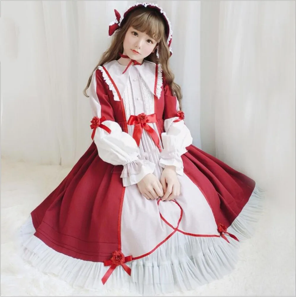 

Japanese Women's Harajuku Sweet OP Dress Lolita LO Long Sleeve Mori Girl Retro Court Dress Cos Loli Kawaii Tea Party