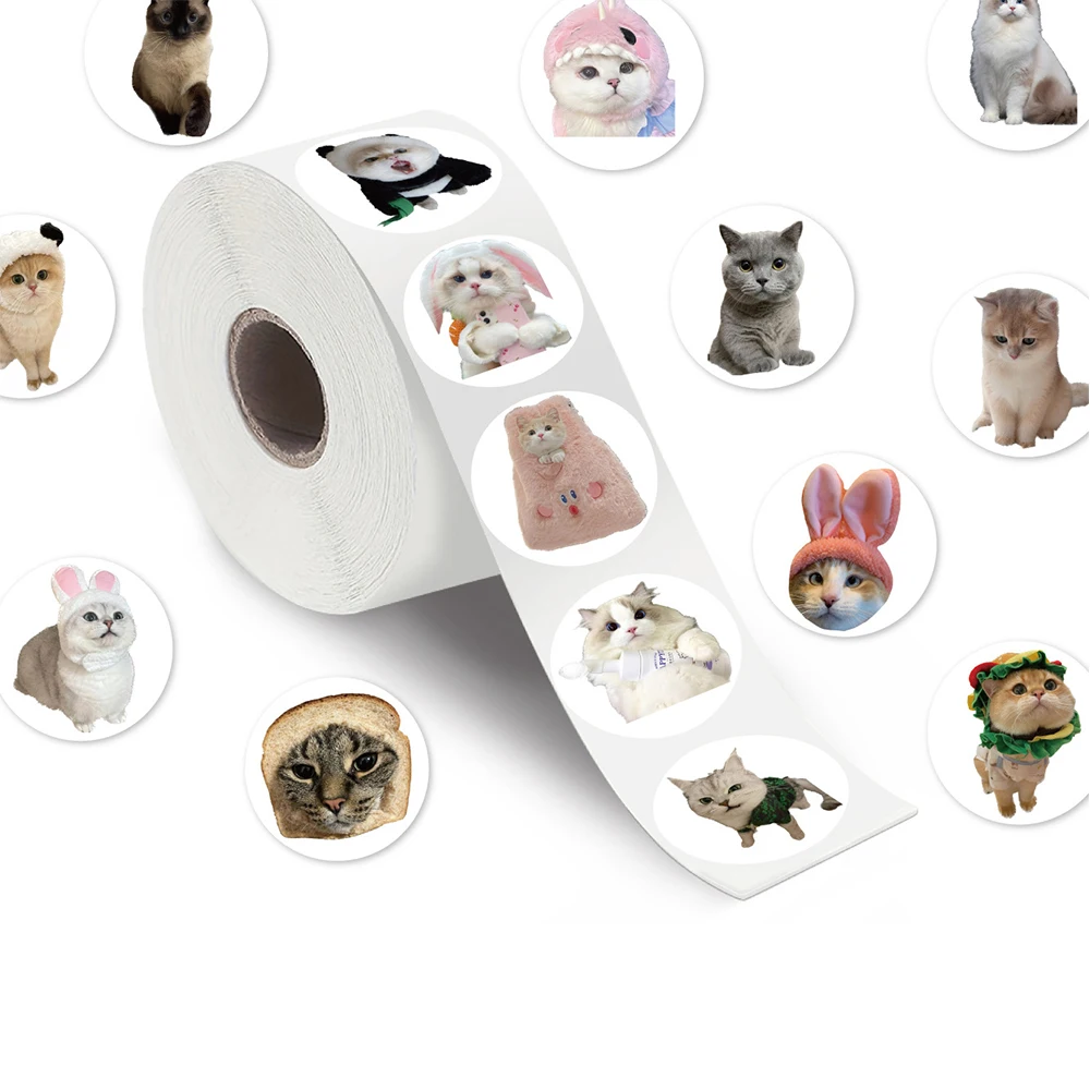 Rolo de adesivos bonitos para crianças, adesivos com gato, desenhos animados kawaii, selo redondo, para laptop, decoração divertida, recompensa, recompensa, presente, diy, 200pcs/roll