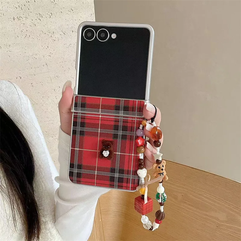 Vintage red checkered teddy bear for Samsung Galaxy Z Flip 7 6 5 4 Protective Back Cover for ZFlip5 ZFlip6 ZFlip7 Case Shell