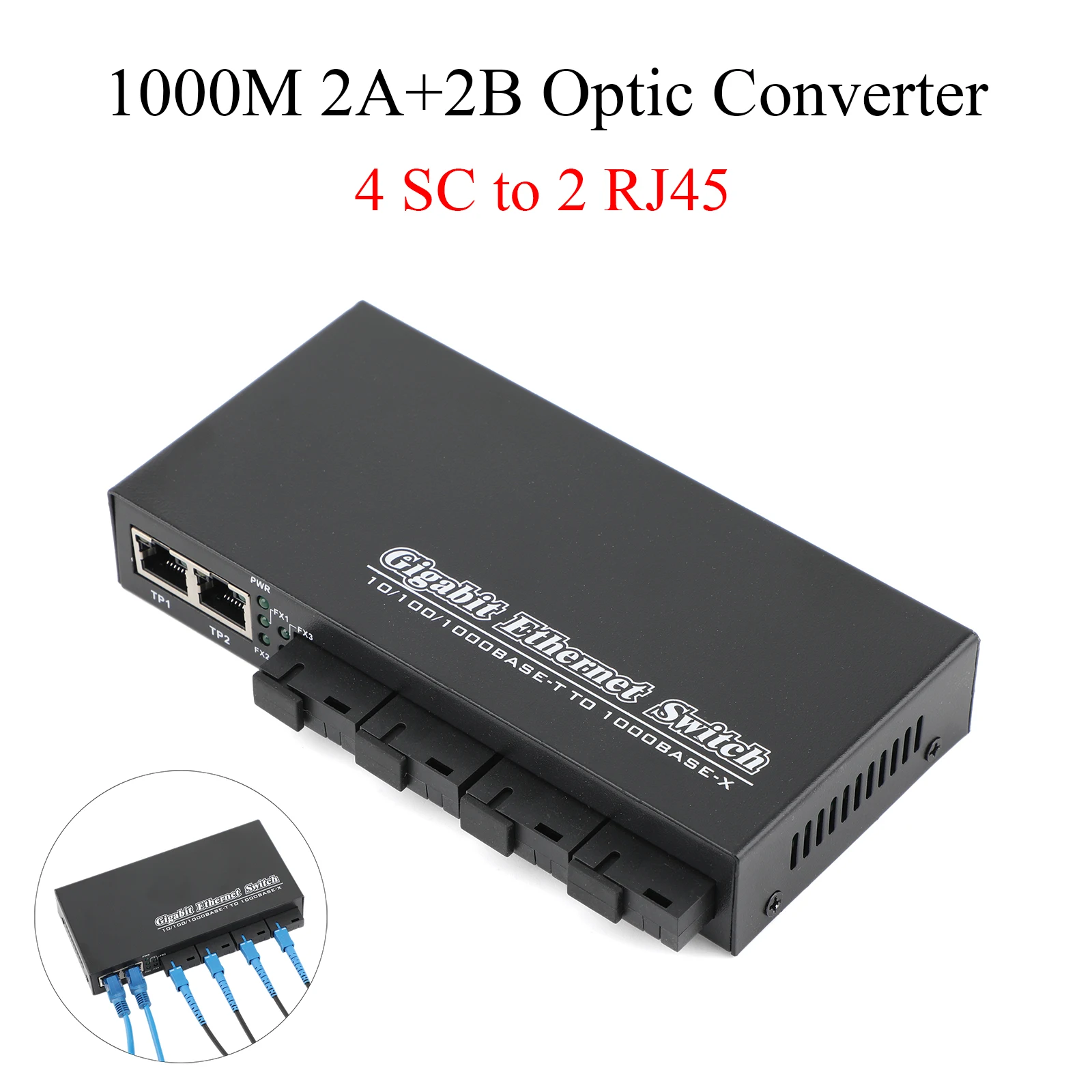 

1000M Optic Media Converter 4 SC to 2 RJ45 Gigabit Fiber Optical Transceiver 2A+2B Ports 1310nm/1550nm 20KM Ethernet Switch