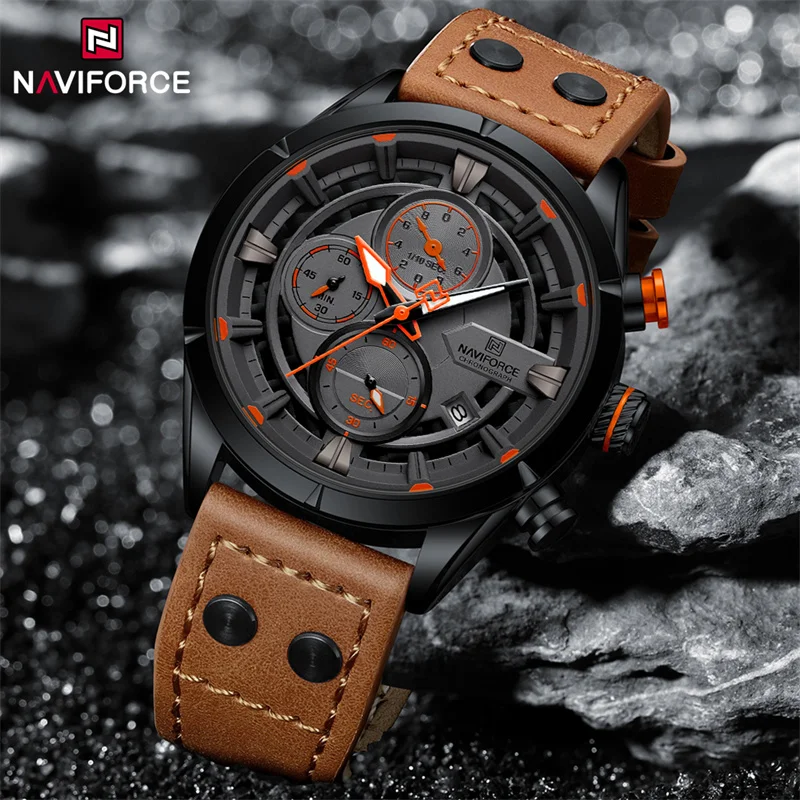 NAVIFORCE Luxury Watch For Men Casual Chronograph Quartz Wristwatches Male Leather Strap Waterproof Clock Relogio Masculino 2024