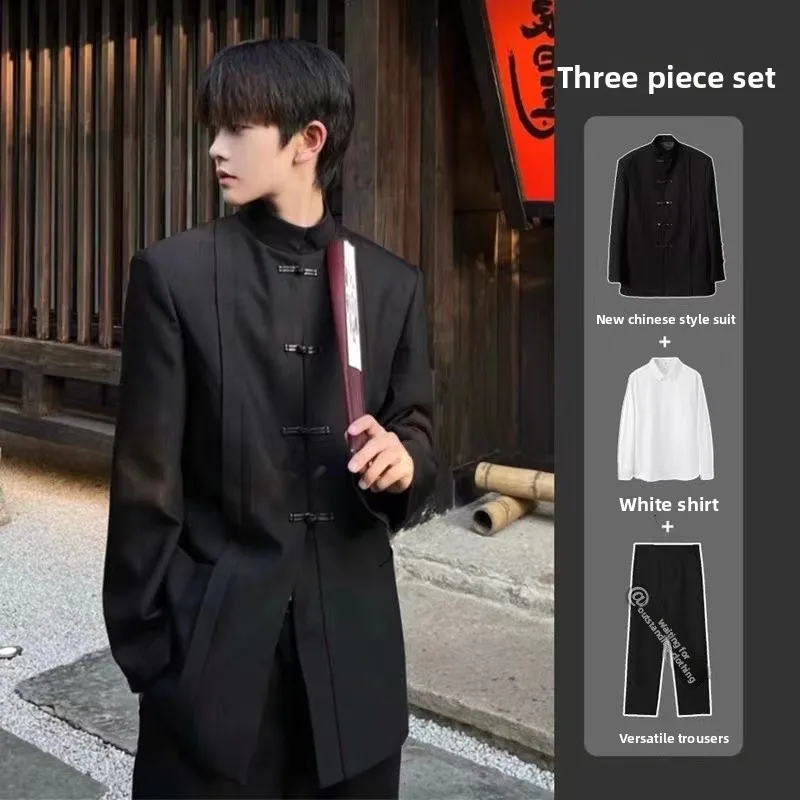 

New Chinese Sle Men's Casual Suit Jaet Collarl Bla High-End Feeling Set Youth Trend Autumn Long Sve Loose Fit