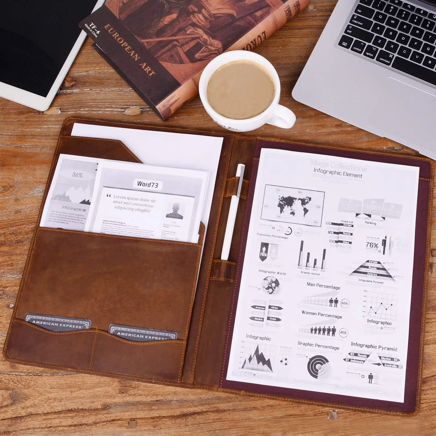 Vintage Genuine Leather Notebook Clipboard A4 Legal Pad Folder & iPad 10.5 Case 33.5x25.4x3cm Durable Office Organizer