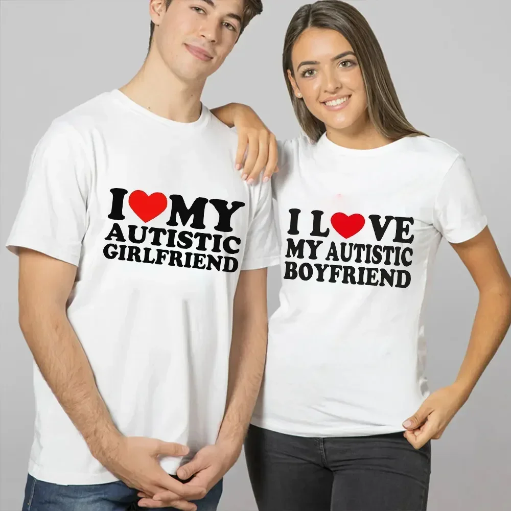 Couple Matching T-shirts 'I Love My Autistic Boyfriend/Girlfriend' Print Unisex Heart Design for Men And Women