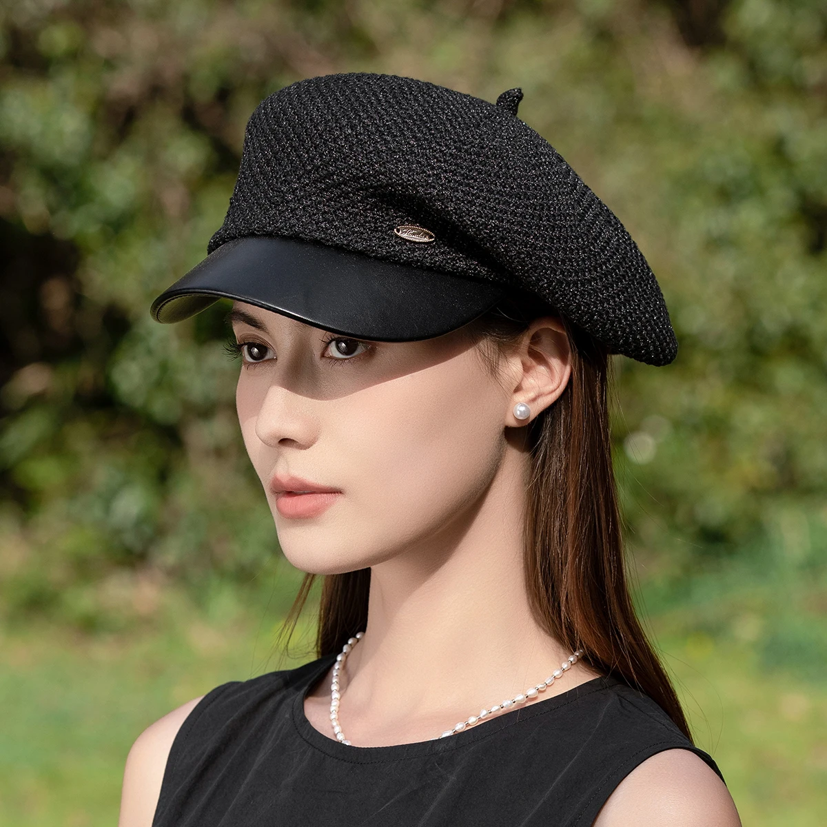 ファッショナブルなベレー帽-夏の日焼け対策-可愛い小さなピグテール付き-八角形の帽子-レザーエッジの斜めの屋根デザイン