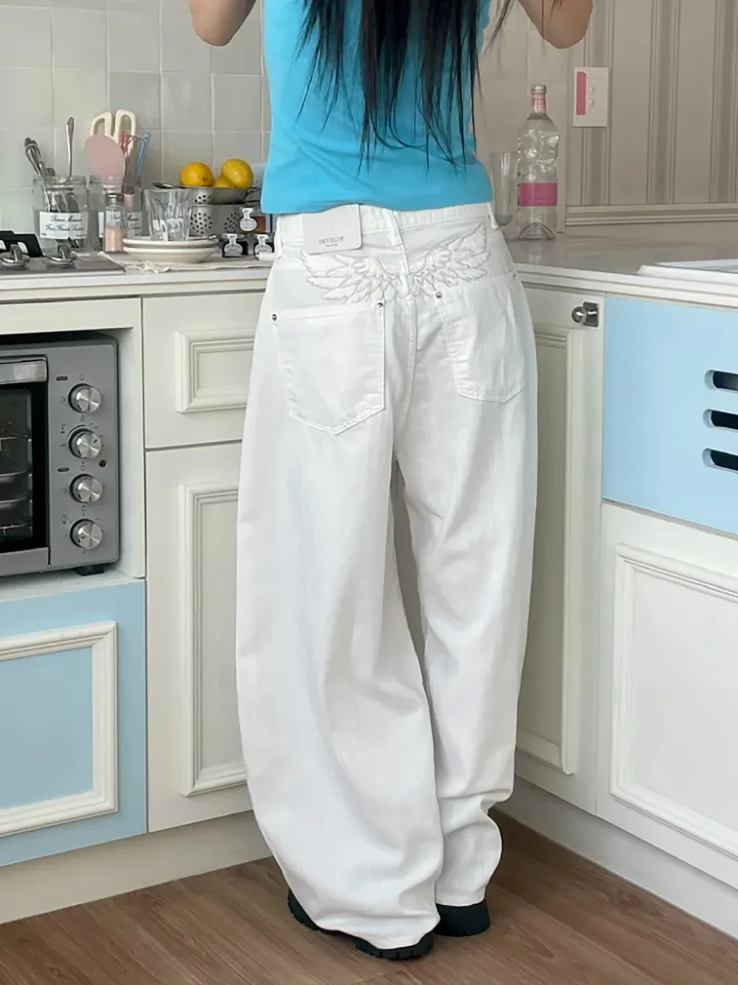 

East Gate Design Тяжелые рабочие брюки с высокой талией и широкими штанинами Белые повседневные длинные брюки Женская модная смесь хлопка Всесезонные