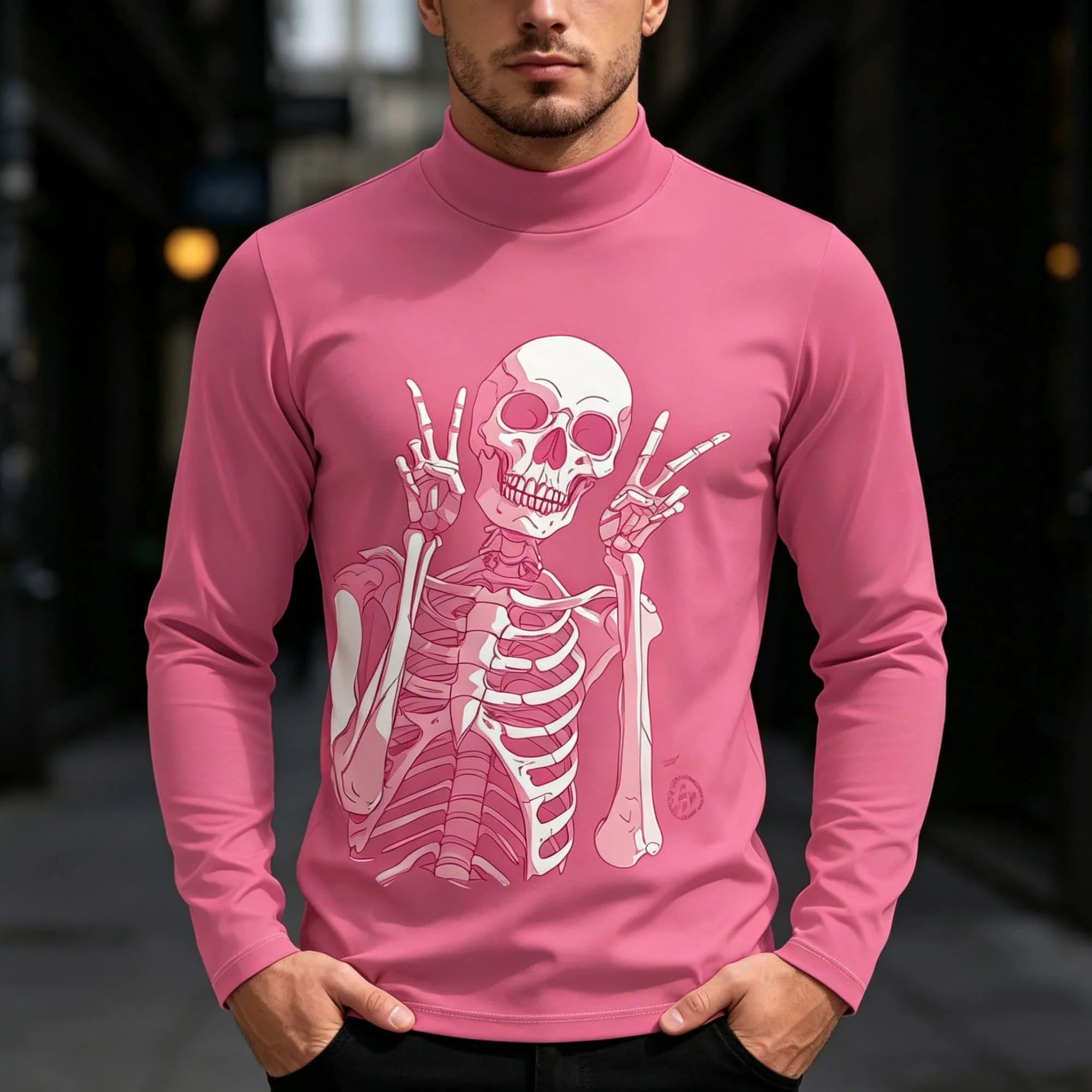 Men Streetwear Mock Neck Long Sleeve Pullover Funny Skeleton Peace Gesture Print Punk Gothic Daily Wear Long Sleeve Tee
