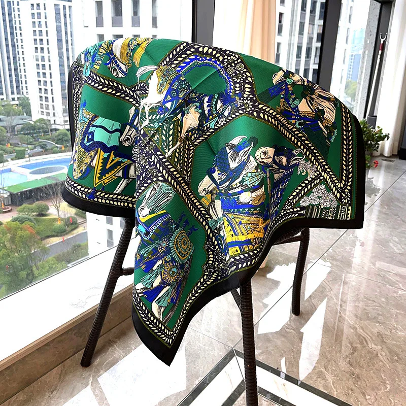 

Green 90 Silk Scarf Women Square Bag Bandanas Hand Rolled Shawls Foulard Accessories Headband 90CM Valentine's Day Gift