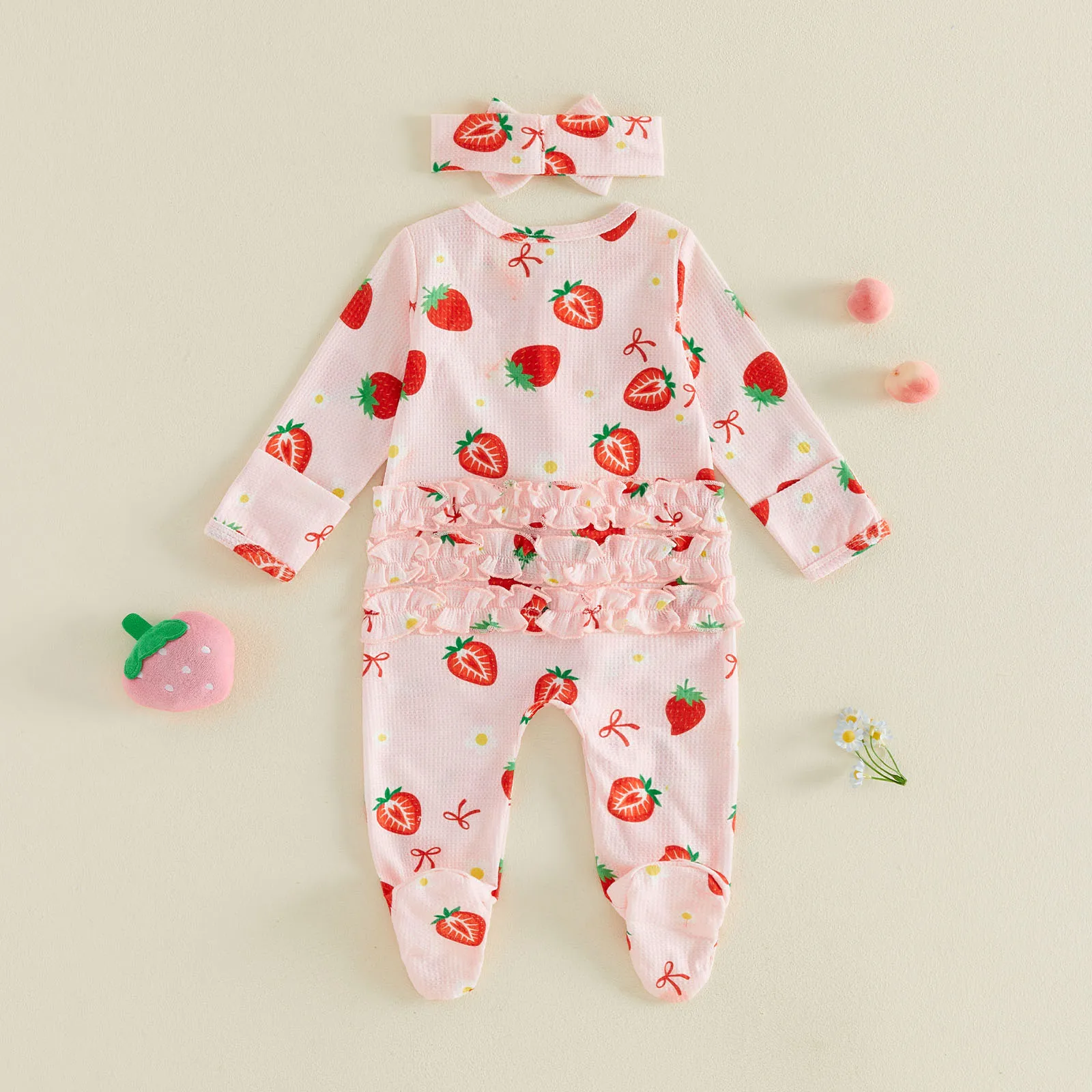 0-6M Newborn Infant Baby Girls Footed Jumpsuit Strawberry Flower Print Long Sleeve Round Neck Romper and Bow Headband 2pcs Sets