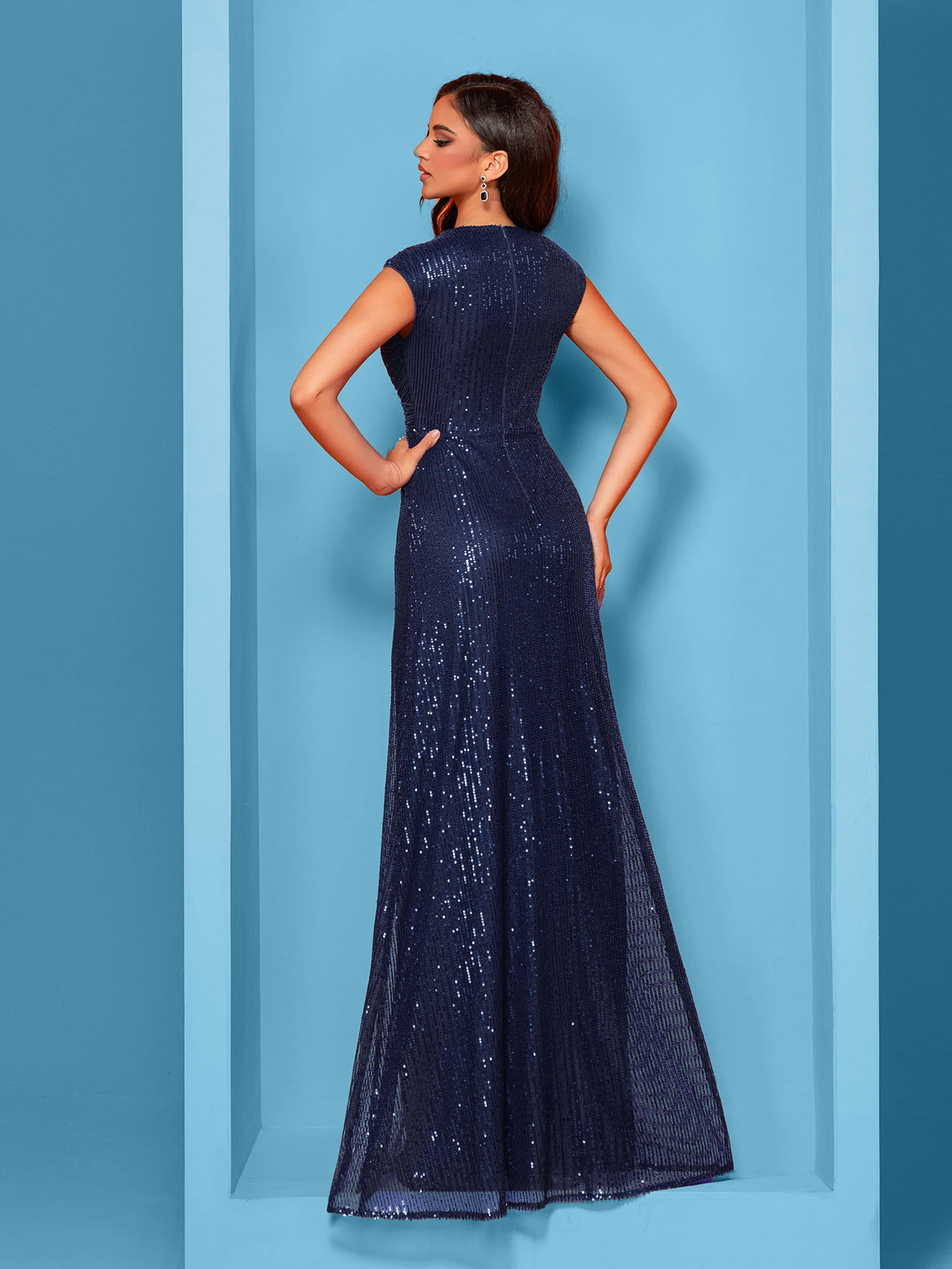 Women Elegant V-neck Mermaid Evening Dress Floor Length Formal Blue Prom Party Gown Sequins Sleeveless Vestido