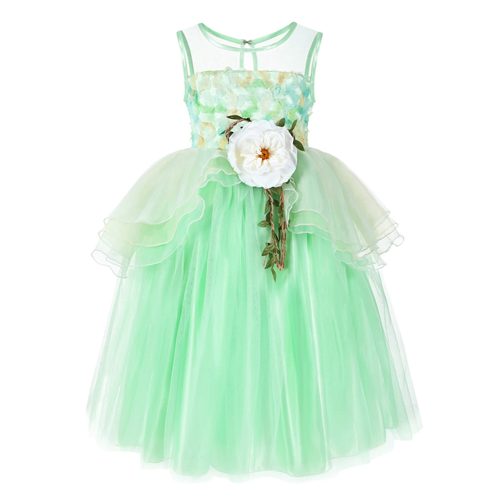 Boutique Halloween Children Tiana Cosplay Costume Girls Party Green Tulle Gowns Flower Princess Dresses Fancy Fairy Elf Dress Up