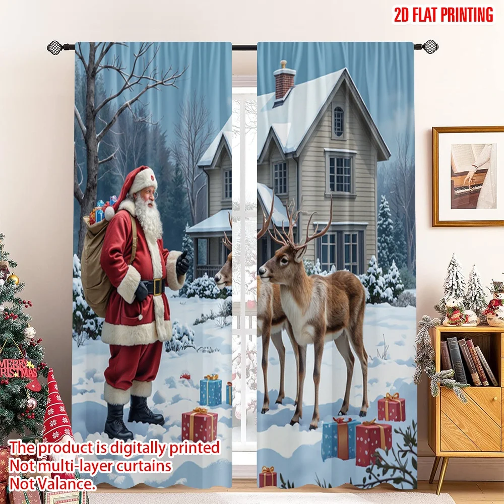

2pcs 2D flat printing Merry Christmas Window Drapes Classic Christmas Santa Reindeer Gifts Polyester Fabric Without Electricity