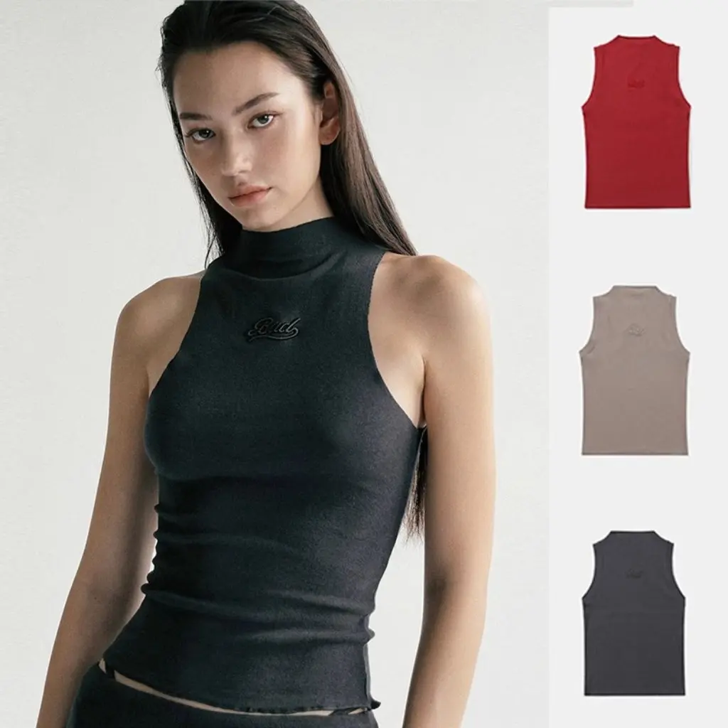 

Women's Sexy Embroidered Shoulder Top Trendy High Collar Design Vest Sling South Korea Badblood Spice Girls Style