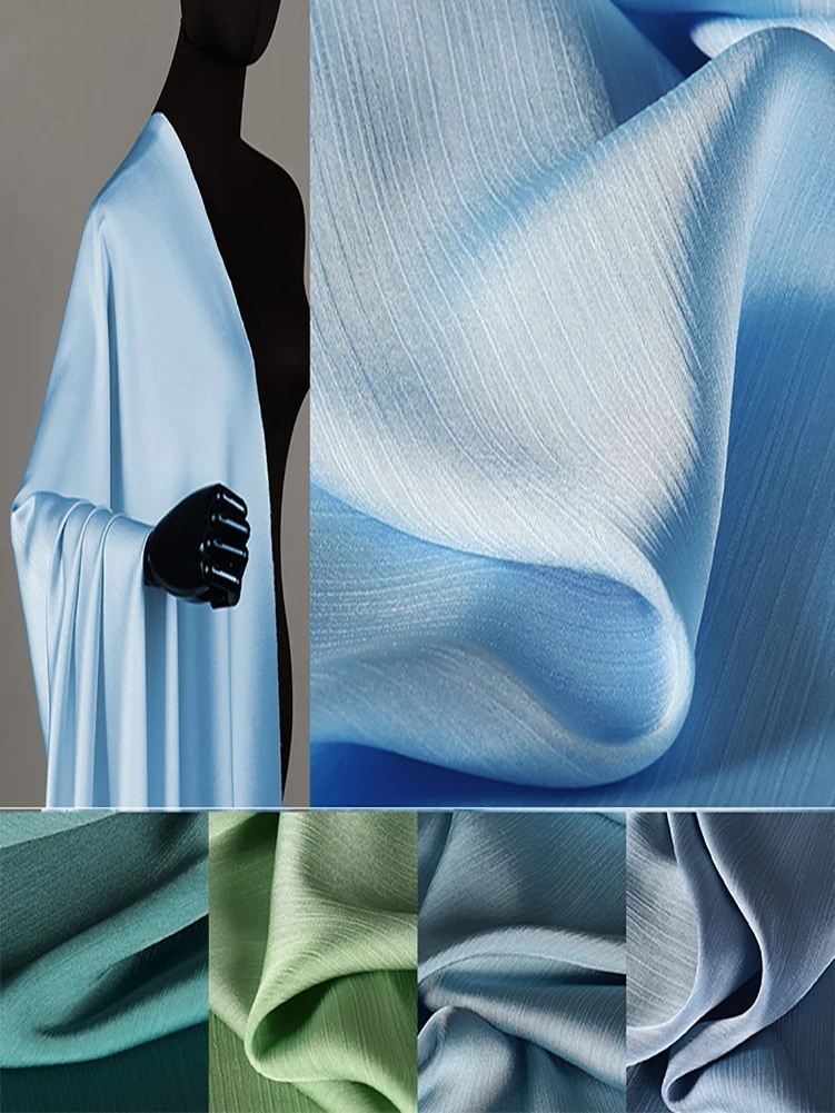 Blue Green Glossy Satin Crepe Fabric Folds Spring and Summer Thin Pleated Chiffon Haute Couture Dress Shirt  Fabrics