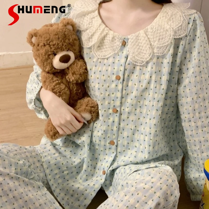 

Autumn Sweet Girl Long Sleeve Long Pants Pajama Set Plaid Floral Lace Collar Homewear Suits Women's Japanese Style Loungewear