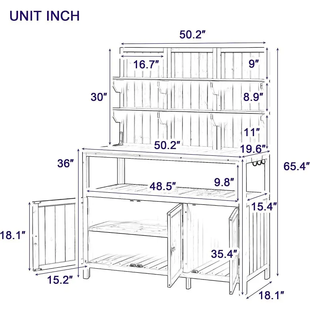 Outdoor Potting Bench Table with Hutch, 50.2 Solid Wood Garden Workstation, Large Countertop, 2 Shelves, 2 Cabinets, Gardening
