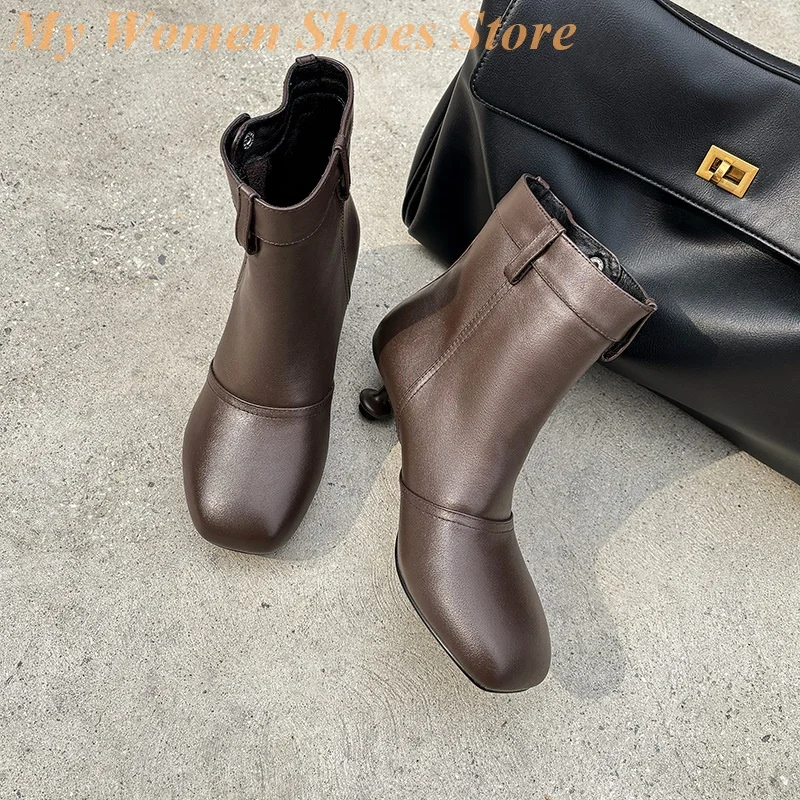 

Square Toe Leather Ankle Booties Slip On Middle Thin High Heel Brown Black Matte Leather Handmade Runway 2026 Winter Shoes