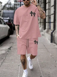 Men's Summer Cross Print Short Sleeve Shorts Set Casual Fashion Temperament 2-Piece Street Shoot Holiday Round Neck T-Shirt Set