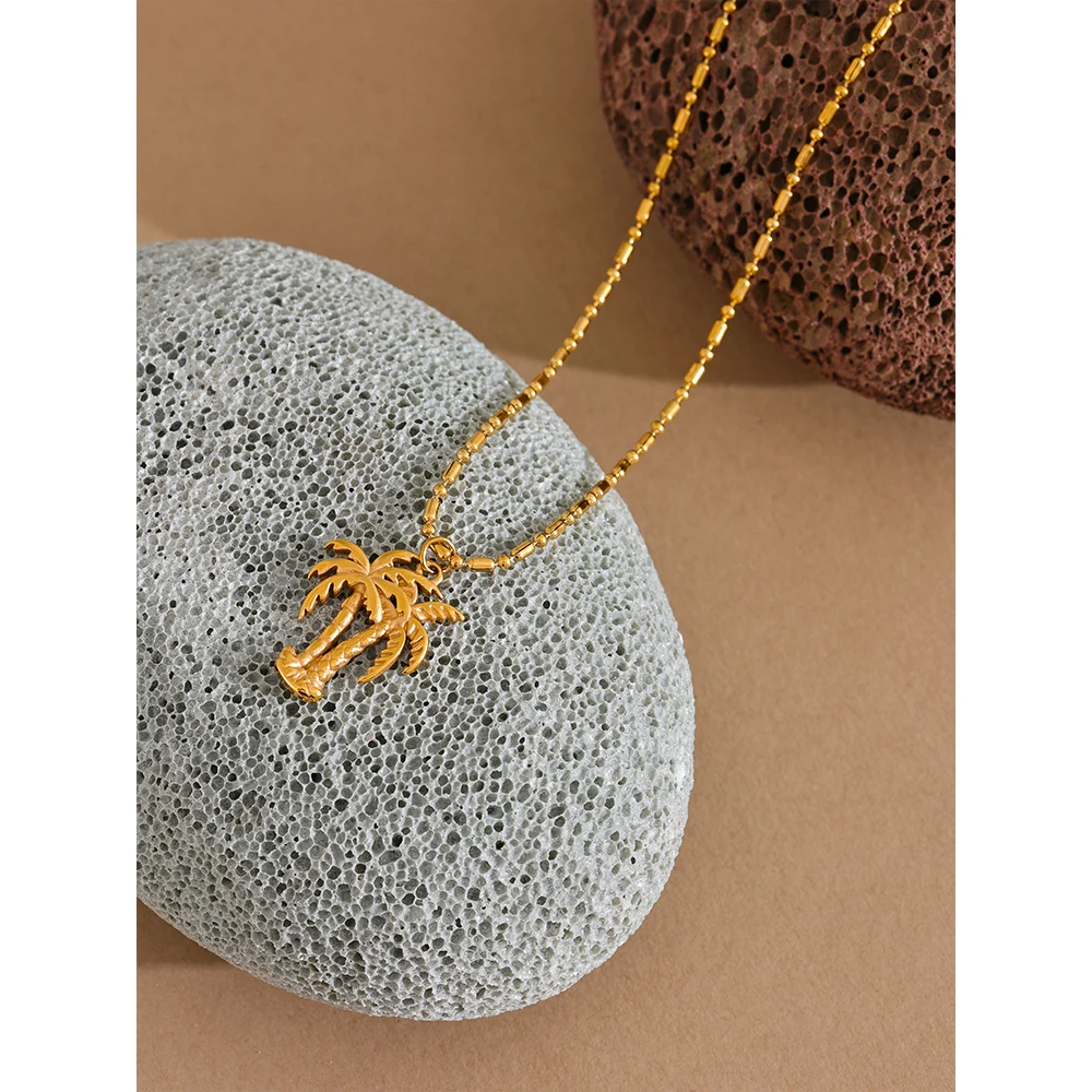 Yhpup Summer Coconut Tree Necklace Pendant 18K Gold Color PVD Plated Fashion Waterproof Beach Daily Jewelry 2024