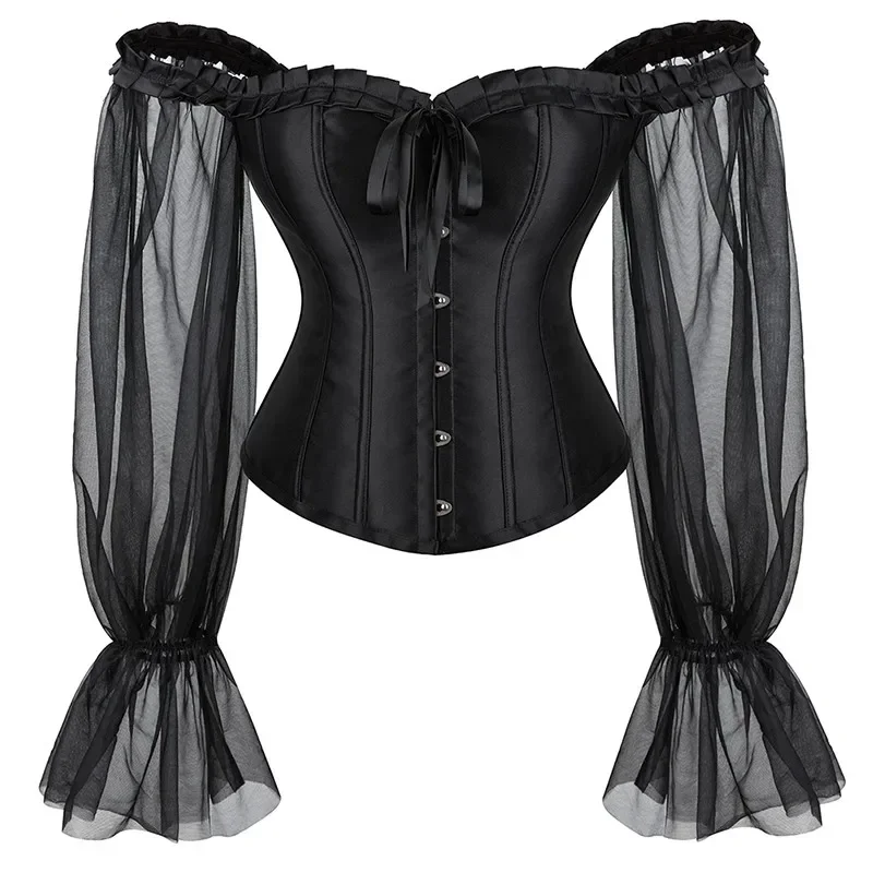 

Women Off Shoulder Corset Top Gothic Sexy Overbust Corsets Body Shapewear Black Sheer Long Sleeve Bustier Tops Korset Basques