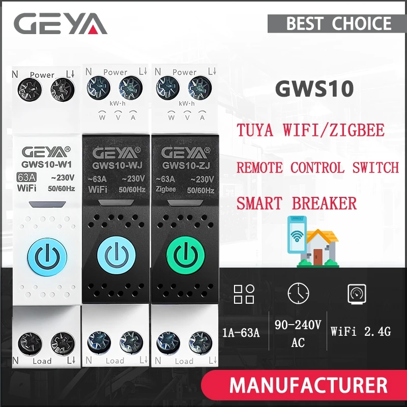 GEYA WiFi/ZigBee Smart Circuit Breaker MCB With Metering 63A DIN Rail for Smart Home Wireless Remote Control Switch by Tuya APP