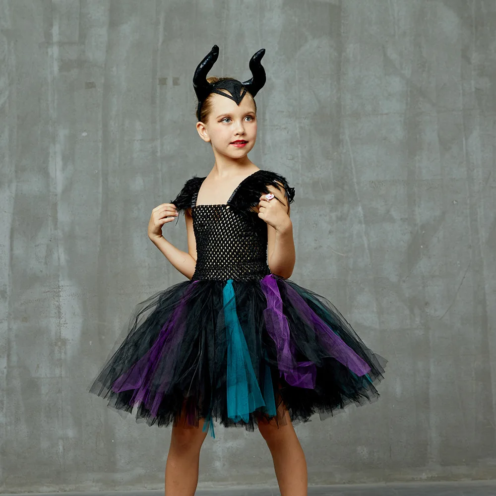 Halloween Girls Black Feather Witch Tutu Dress Set With Headband Tulle Stage Show Outfit Children Evening Gathering Formal Wear