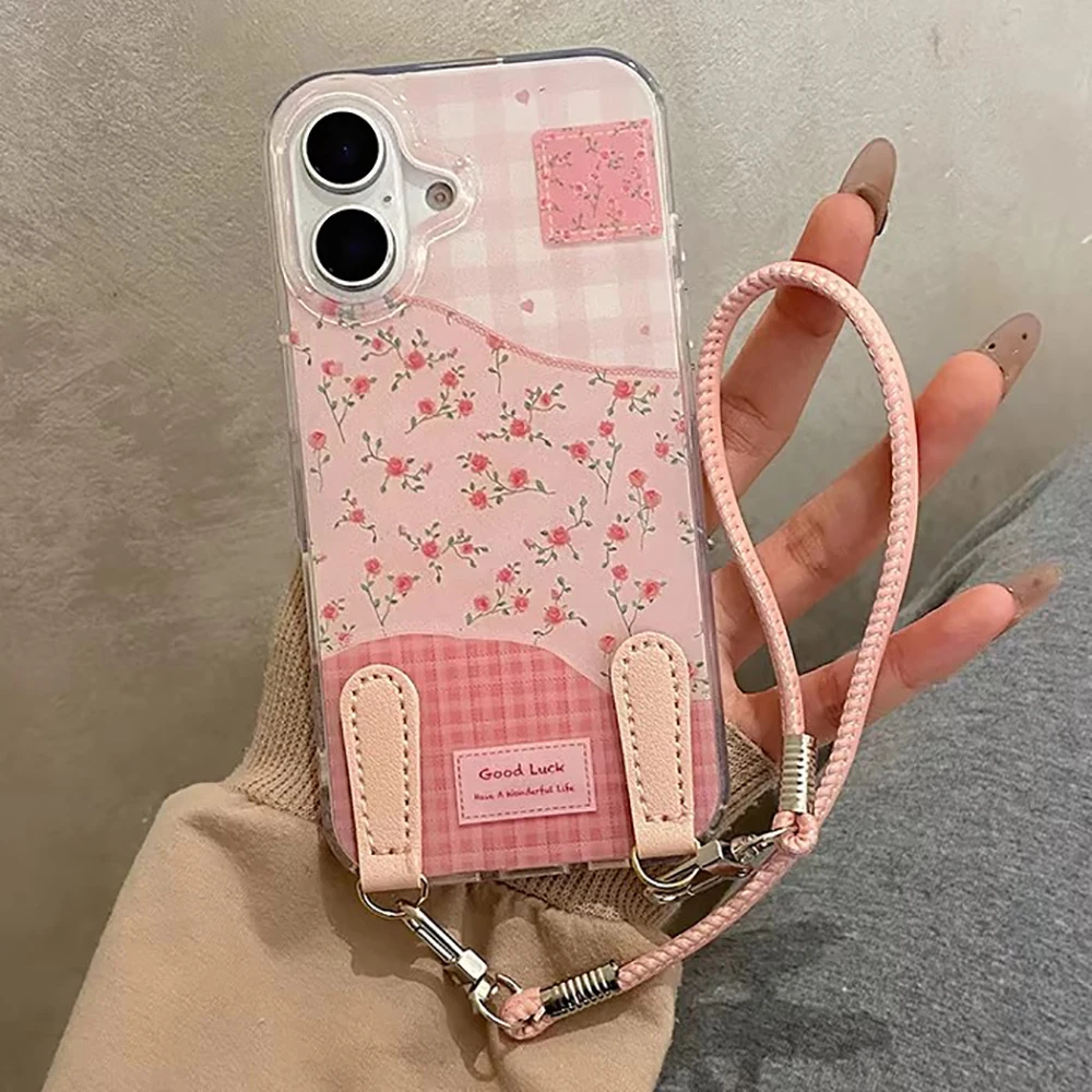 

Cute Pink Checkered Floral Protective Flower Phone Case for iPhone 17ProMax 17pro 17 14 15 16 Pro Max Shockproof Anti-fall Cover