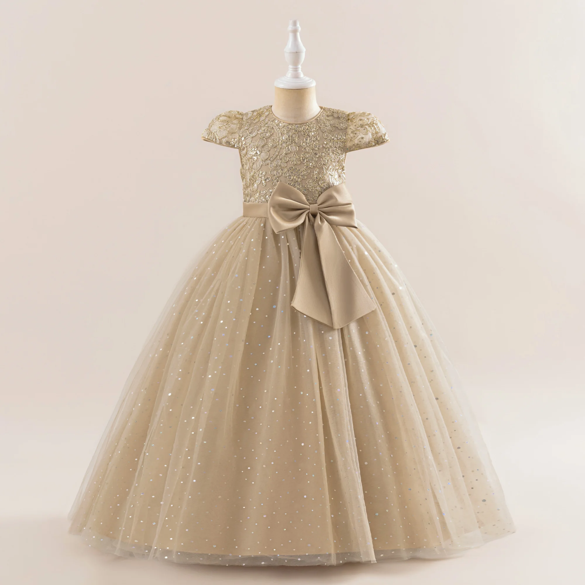 Fashion Bow Bridesmaid Girls Dress Sequin Flower Wedding Princess Prom Gown Elegant Tulle Birthday Party Dresses Evening Vestido