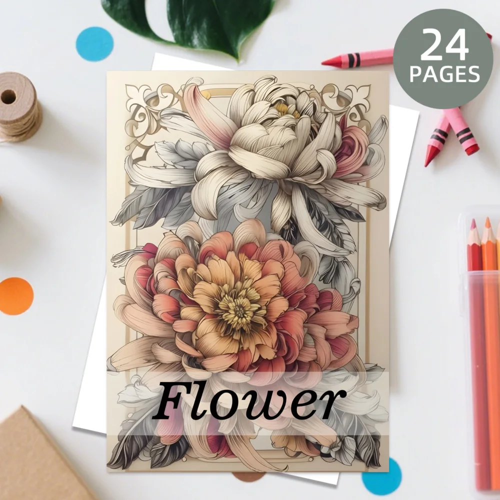 A4 Flower Coloring Book 24 Pages Beautiful Floral Illustrations for Adults Stress Relief Relaxation Art Gift