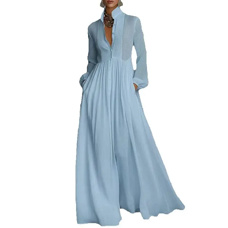 Boheemse Maxi Jurk met Staande Kraag en Knopen voor Dames, Elegant, Hoge Taille, Effen, Feestjurk, Lente, Lange Mouwen, Losse, Casual Jurk - afbeelding 2