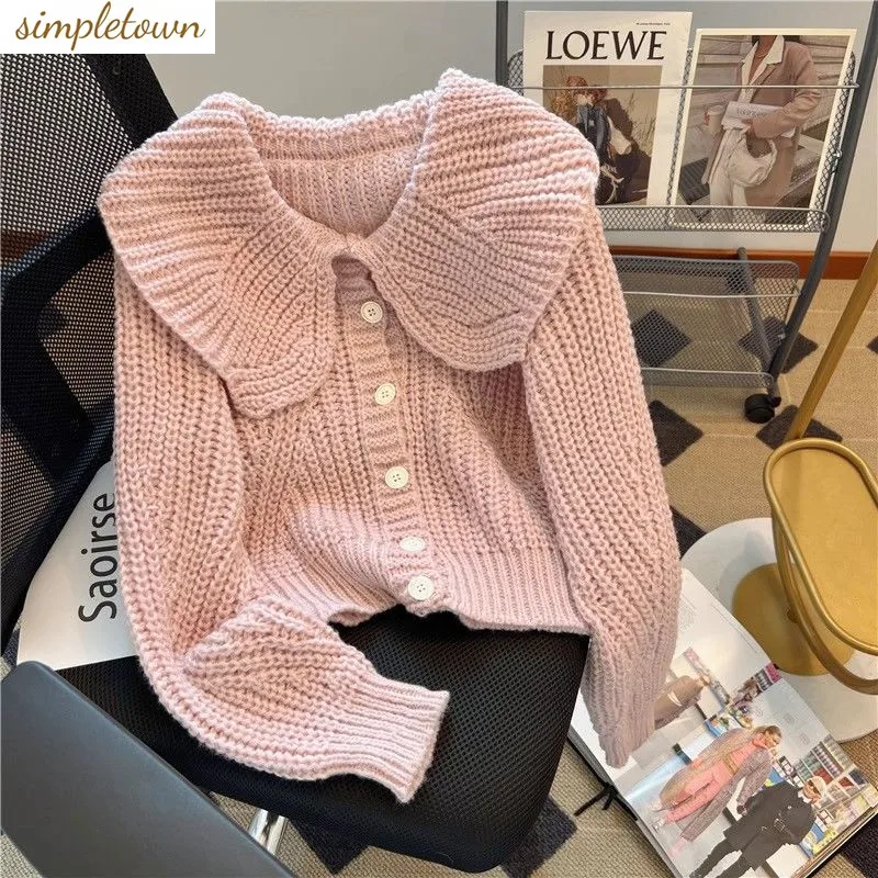 

2024 Autumn/Winter Korean Edition New Sweet Doll Neck Short Sweater Women's Loose Knitted Cardigan