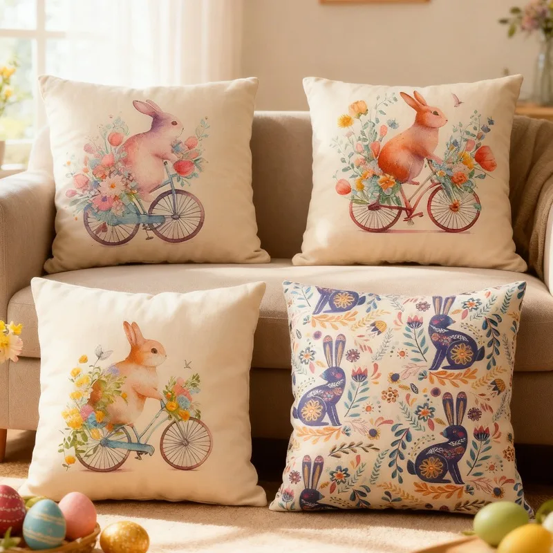 Easter Bunny Cushion Cover Soft Floral Pillowcase for Couch Decor Cute Rabbit Design Multiple Colors Spring Home Decoration Gift