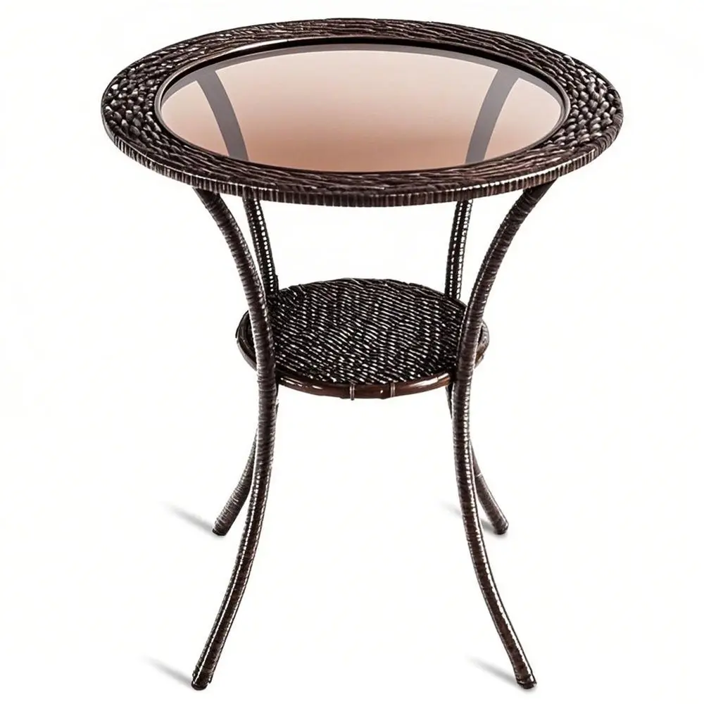 Rattan Coffee Table, Patio Bistro Table with Tempered Glass Top and Storage Shelf, Outdoor AllWeather Wicker Side Dining Table