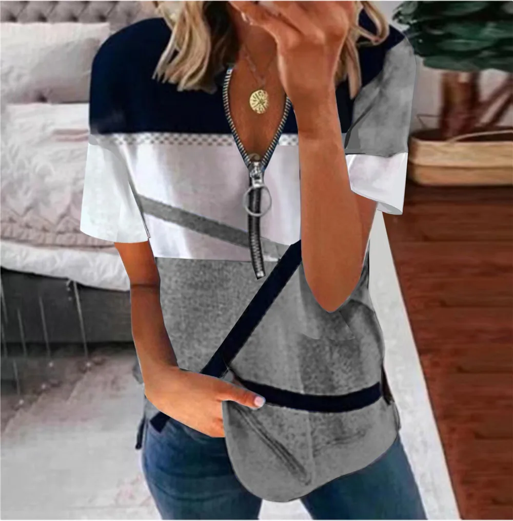 Woman's Tshirts Superior Quality spring/summer Zipper Loose Short Sleeve Printing Ladies Top Dropshipping Sale LDM20230206