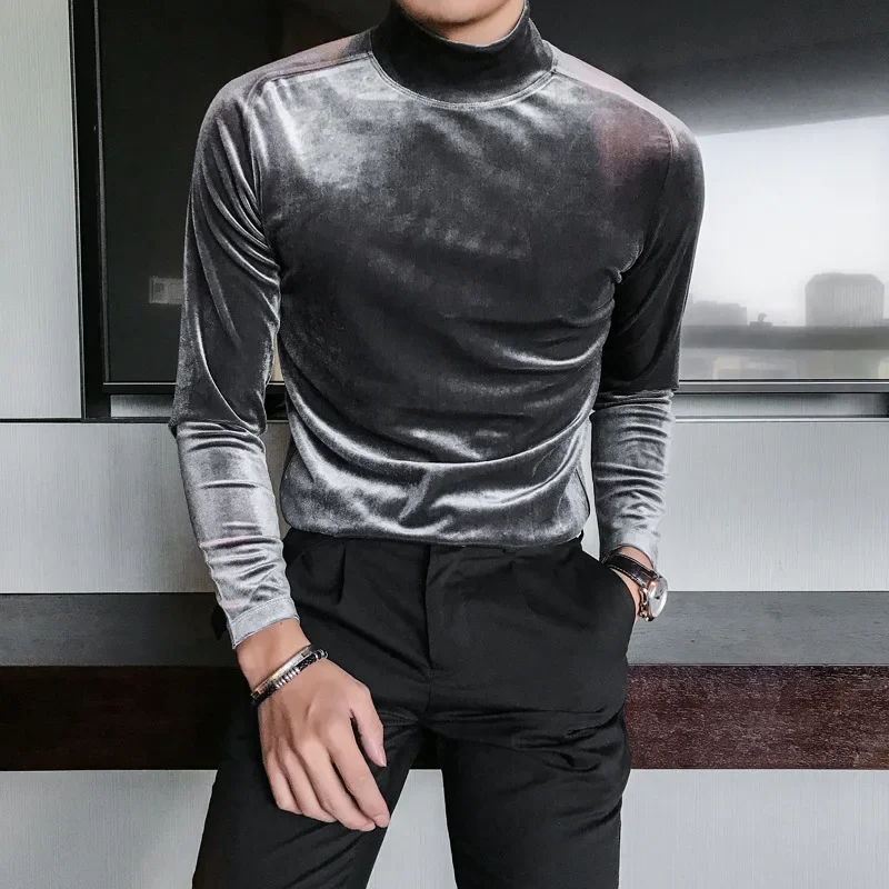 

Autumn Winter Velvet T-shirt for Men Long Sleeve Slim Fit Warm T Shirt Solid Color Half High Collar Social Streetwear Tee Tops