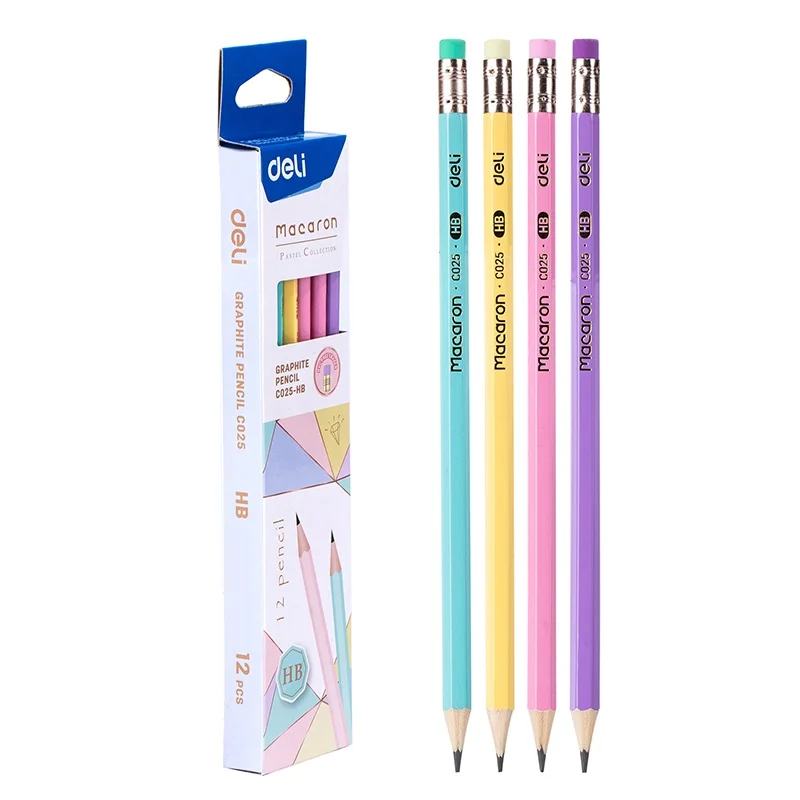 Deli 12 PCS/Box Graphite Pencil HB 4 Colors Case School Student Art Supplies EC025-HB