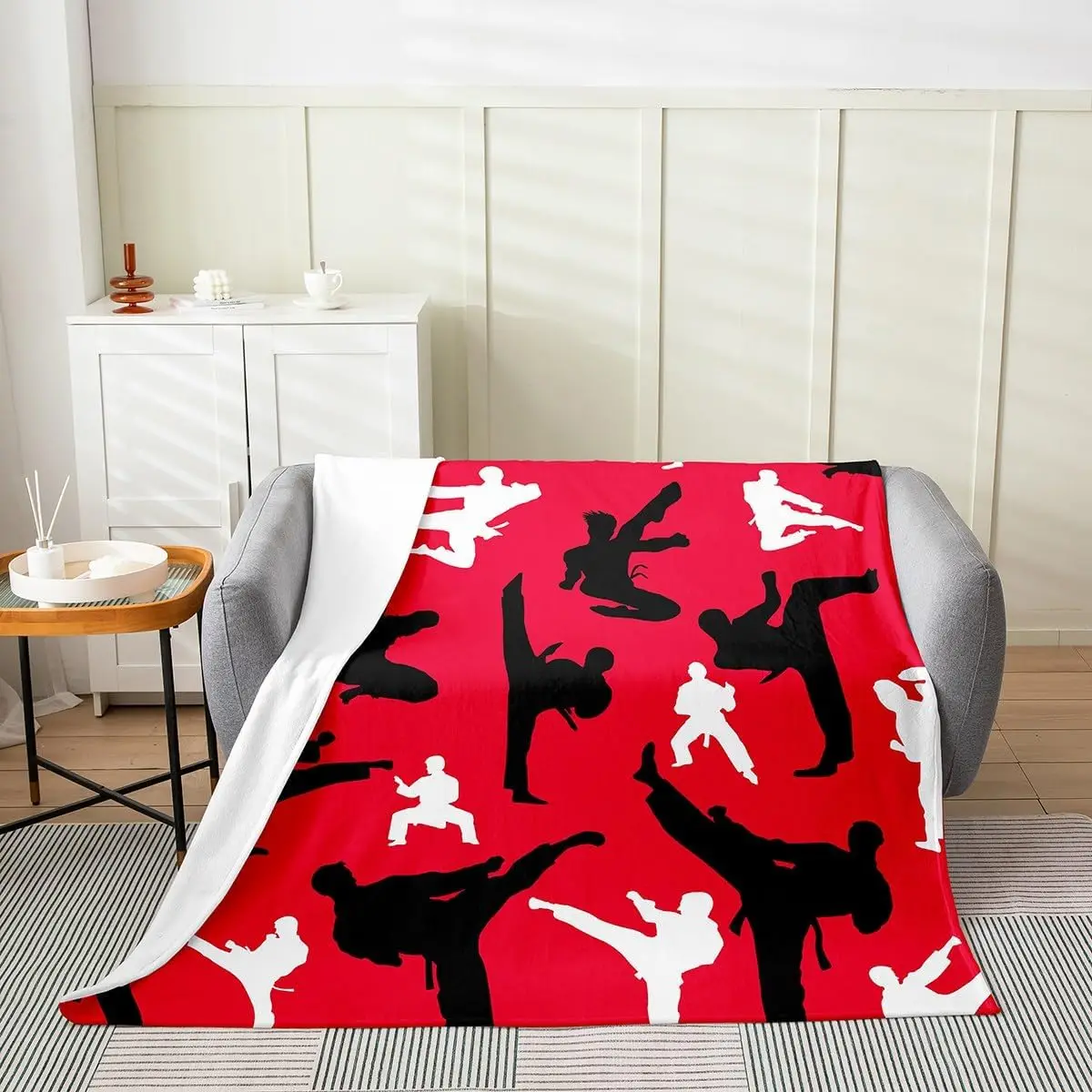 Cool Martial Arts Karate Pose Silhouette Pattern Flannel Blanket Warm Decorative Throw For Lounge Bedroom Holiday Gift