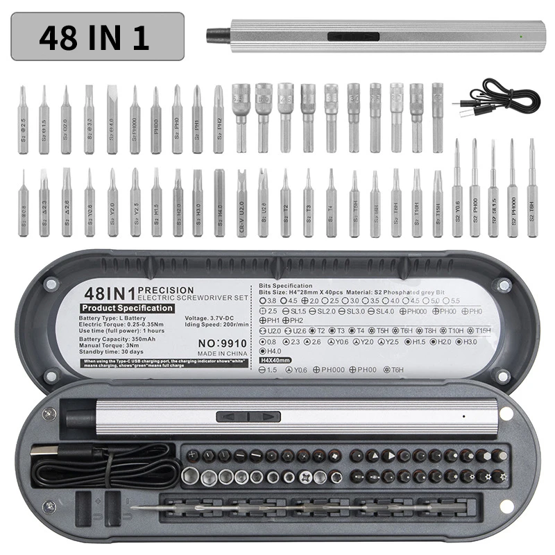 

48 in 1 Rechargeable Electric Screwdriver Set Aluminum Handle with Magnetic Bits for Precision Repair Cross Flat Head Tool Kit