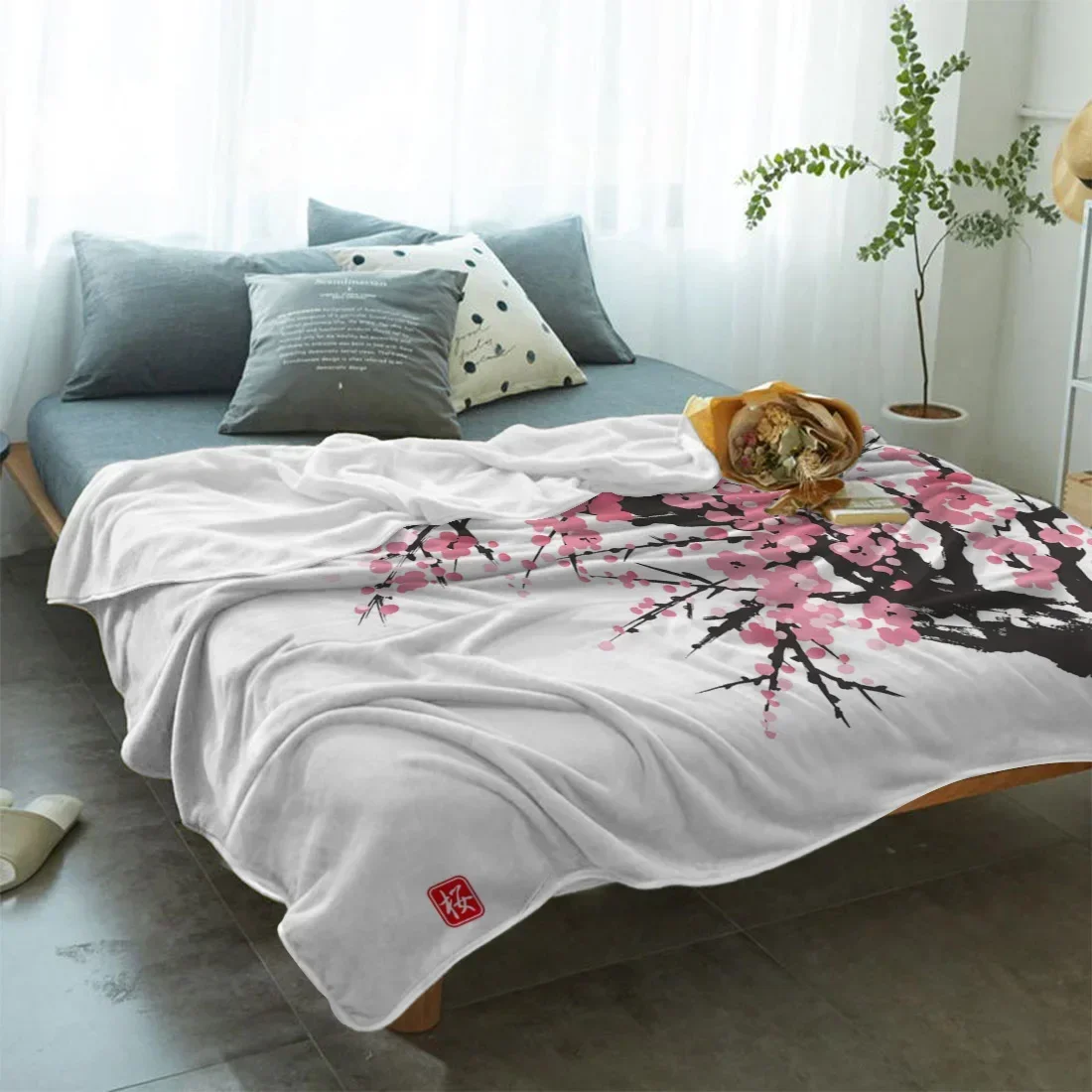 Warm Blanket with Cherry Blossom for Home, Bed Blanket with Flower Design, Pink Butterfly, Tree, Scanso Sofa